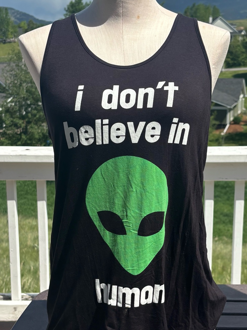 Bear Dance Black Tank Top with Green Alien Graphic
